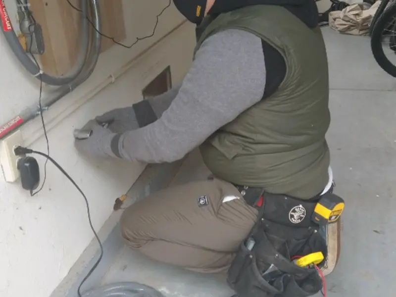 Electrician performing outlet wiring in a Overlea garage